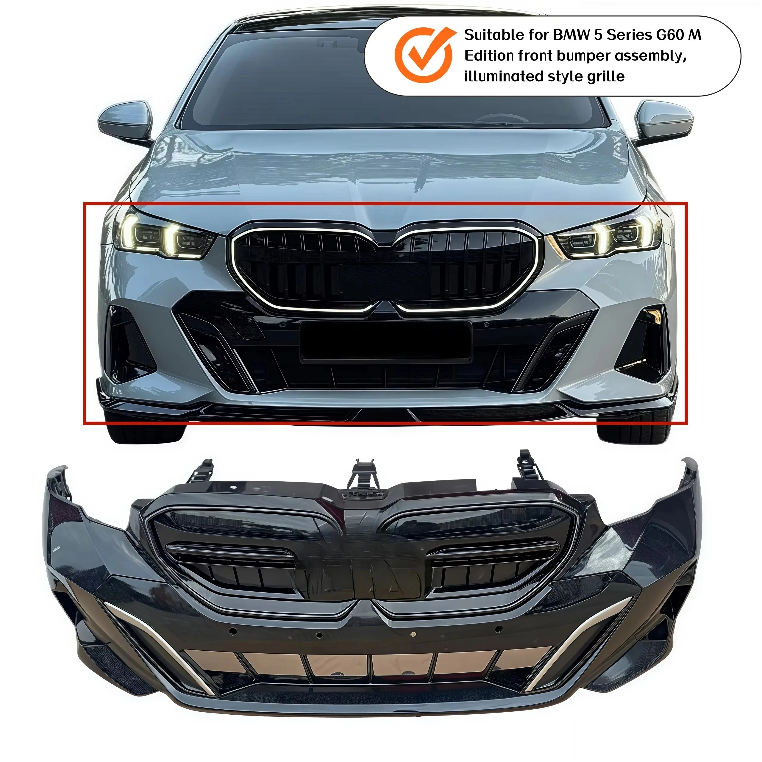 Premium OEM Fitment M-Style Front Bumper Kit 2023-2024 for  5 Series G60 M5/540i 550i High Gloss Black Grill Heat Vent Design